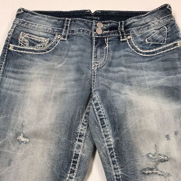 VIGOSS The Chelsea Denim CAPRI Skimmer Sz 5/6 Distressed Embellished Crop Jeans - Picture 3 of 15